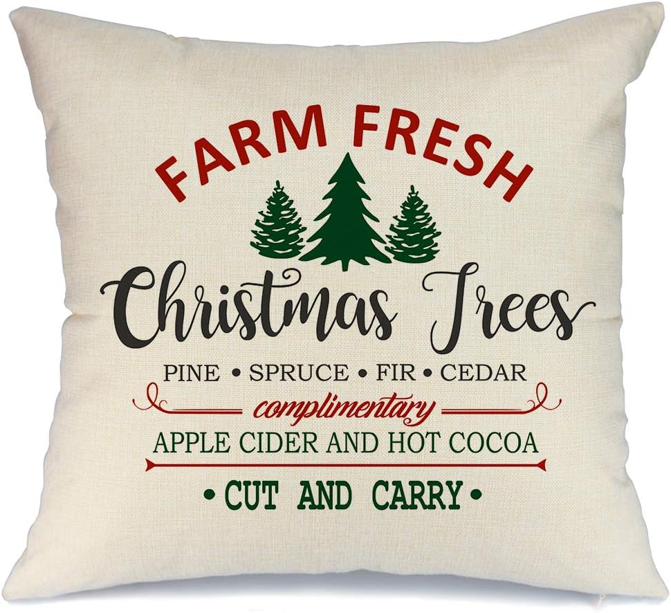 AENEY Farmhouse Christmas Pillow Cover 18x18 inch Farm Fresh Christmas Tree Throw Pillow for Christmas Decor Farm Sign Christmas Decorations Throw Pillow Cover