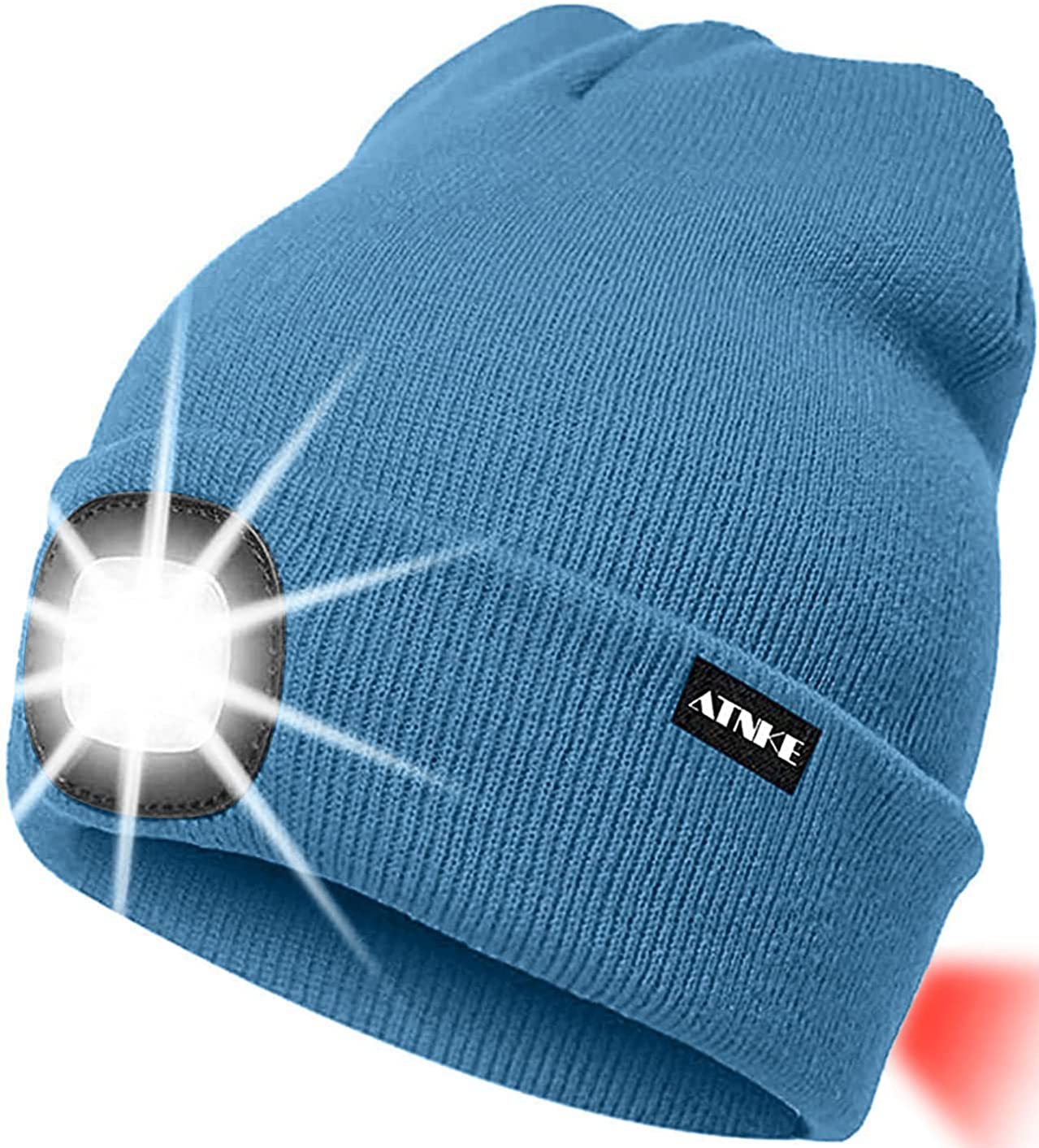 ATNKE 8LED Lighted Knit Hat,USB Rechargeable Running Headlamp Cap Ultra Bright Waterproof Light Lamp and Flashing Alarm Red Tail Light Multi-Color (Magnolia Blue)