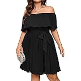 SCOMCHIC Women's Plus Size Cocktail Dress Off The Shoulder Flowy Pleated Wedding Guest Party Short Dress