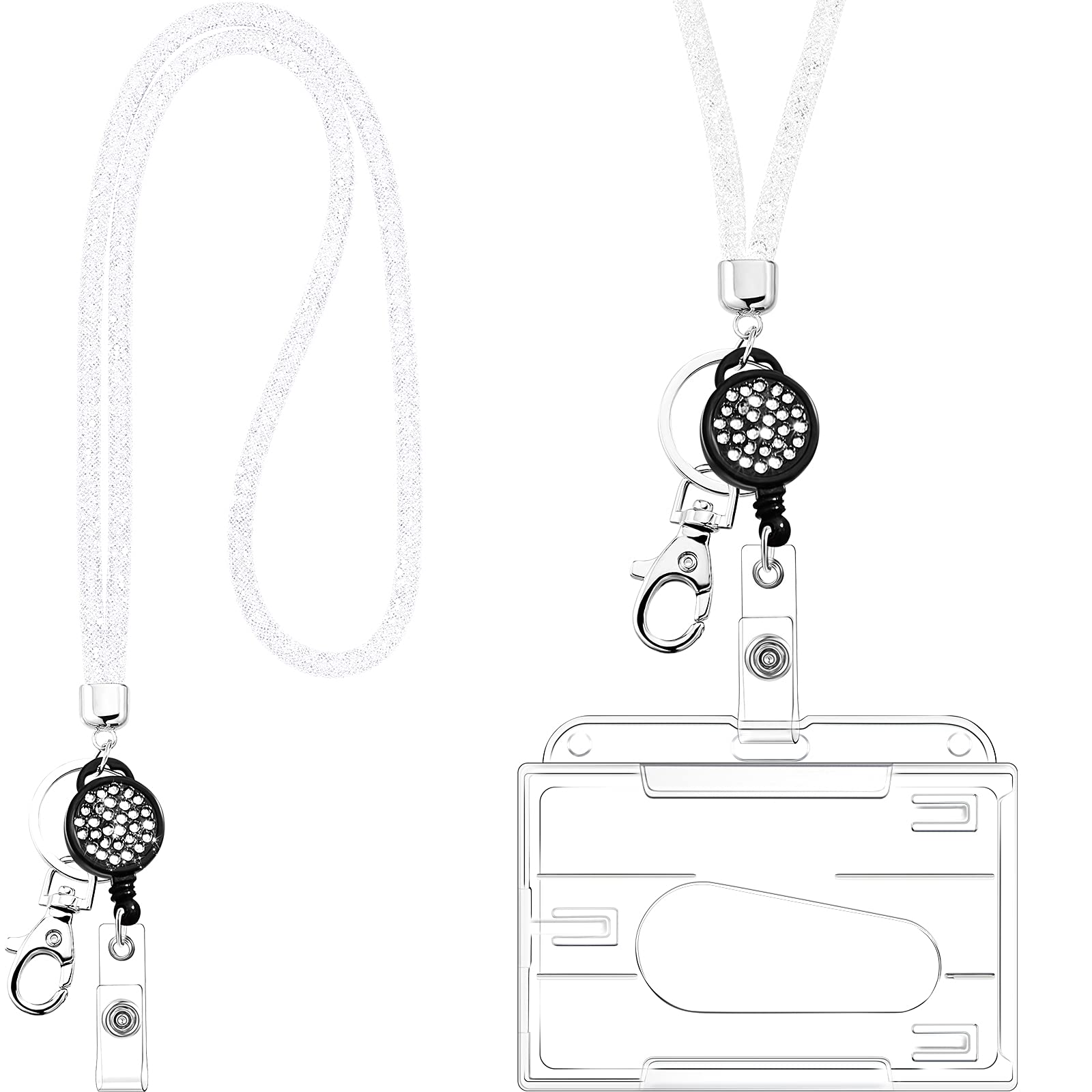 Frienda Card Holder with Lanyard, White (Transparent ID Card Holder Keyring, Bling Rhinestone Crystal Lanyard Clear Badge Holders Neck Strap for Keys ID Badge)