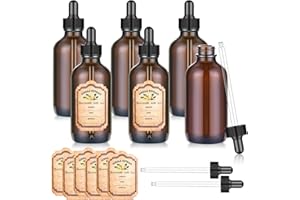 mwellewm 6 Pack 4 oz Dark Amber Glass Dropper Bottles with Labels Thick Tincture Bottle, 120 ml Leakproof Essential Oils Bott