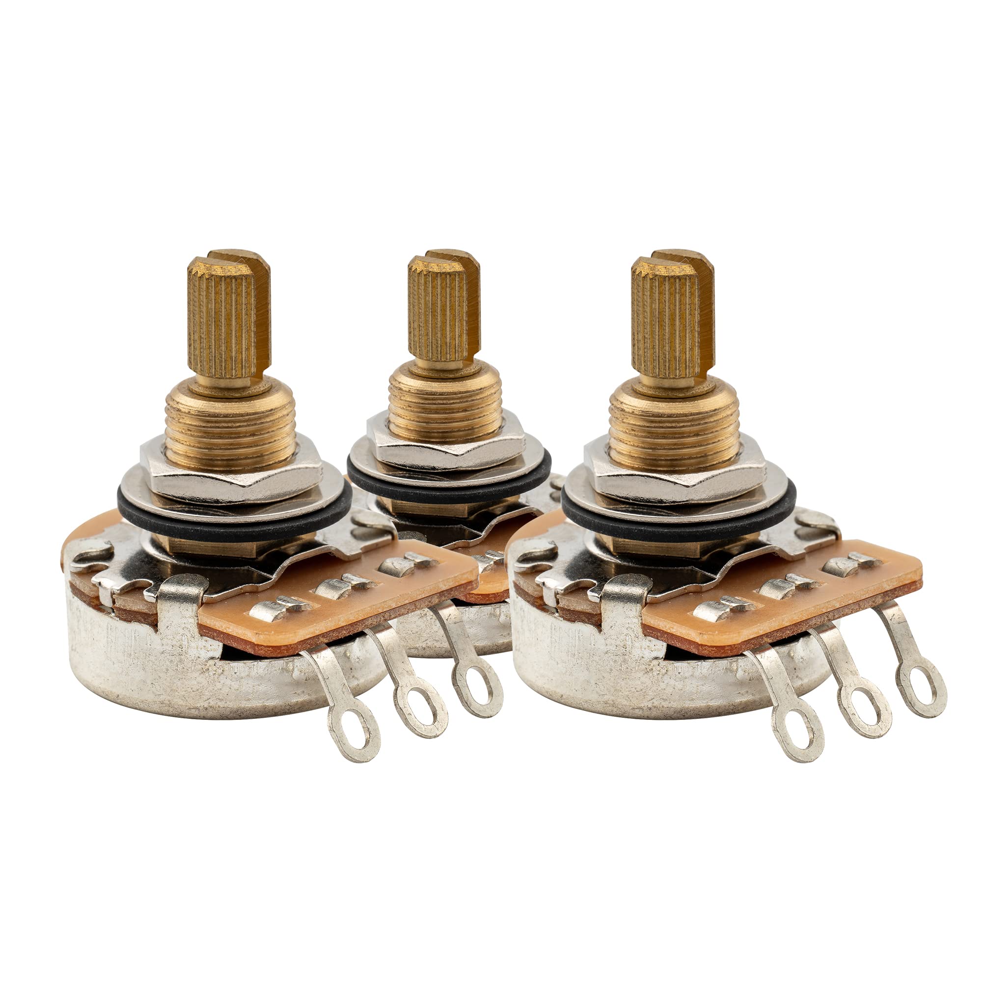 Musiclily Pro A250K Full Brass Inch Sized Fine 24-Spline Split Shaft Pots Audio Taper Potentiometers for USA Electric Guitar Bass (Set of 3)