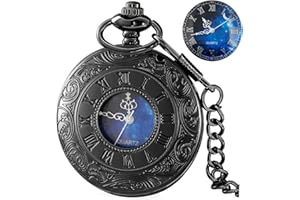 Tiong Pocket Watch Hollow Blue Star Design Roman Numerals Quartz with Chain Christmas Birthday Gifts