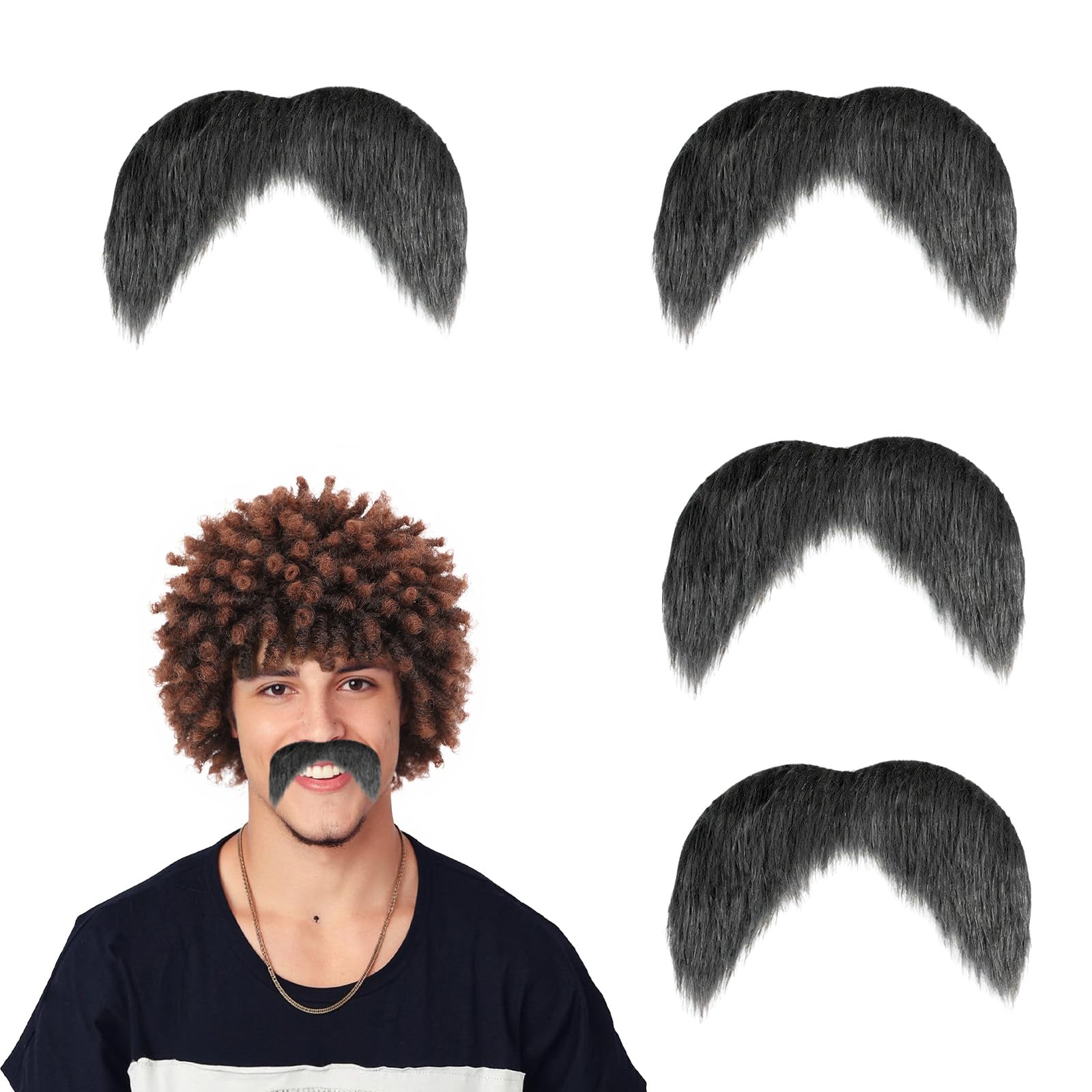 4 Pcs Self Adhesive Fake Moustache, Moustache Fancy Dress, Funny Realistic Fake Beard, Diy Self Sticky Beard for Christmas Halloween Costume Cosplay Party Accessory for Men and Women (Black)