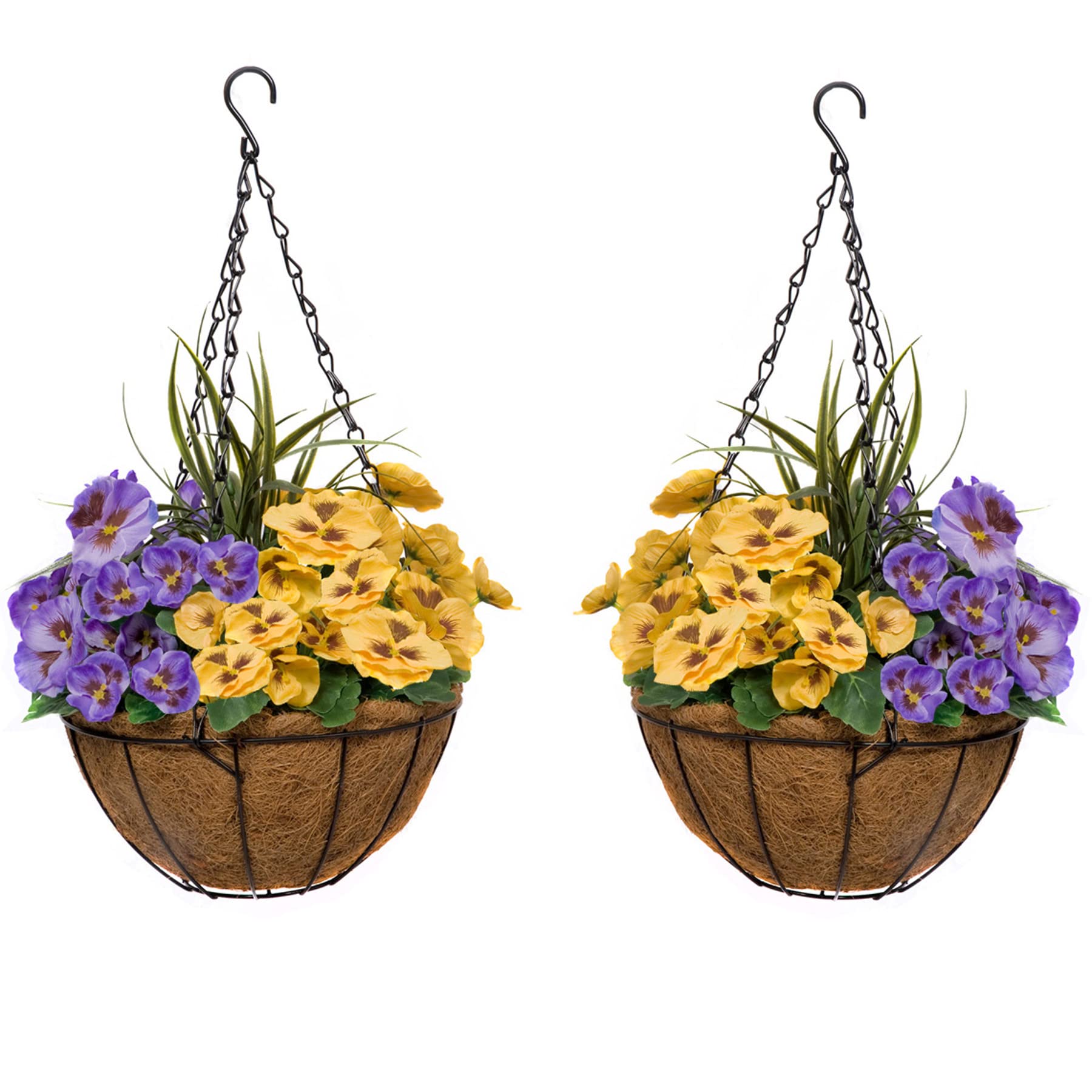 GreenBrokers 2X Artificial Coco Hanging Baskets with Yellow and Purple Flowers and Decorative Grasses (Set of 2), 50cm