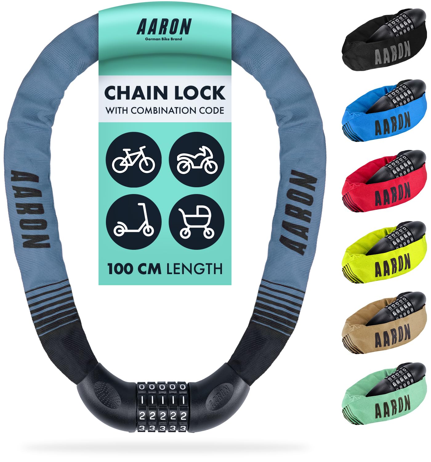 AARON - Steel Chain Bicycle Lock - 5-Digit Code - Grey/Blue - Secure Lock for E-bikes, Mountain, Trekking, Touring & Racing Bikes