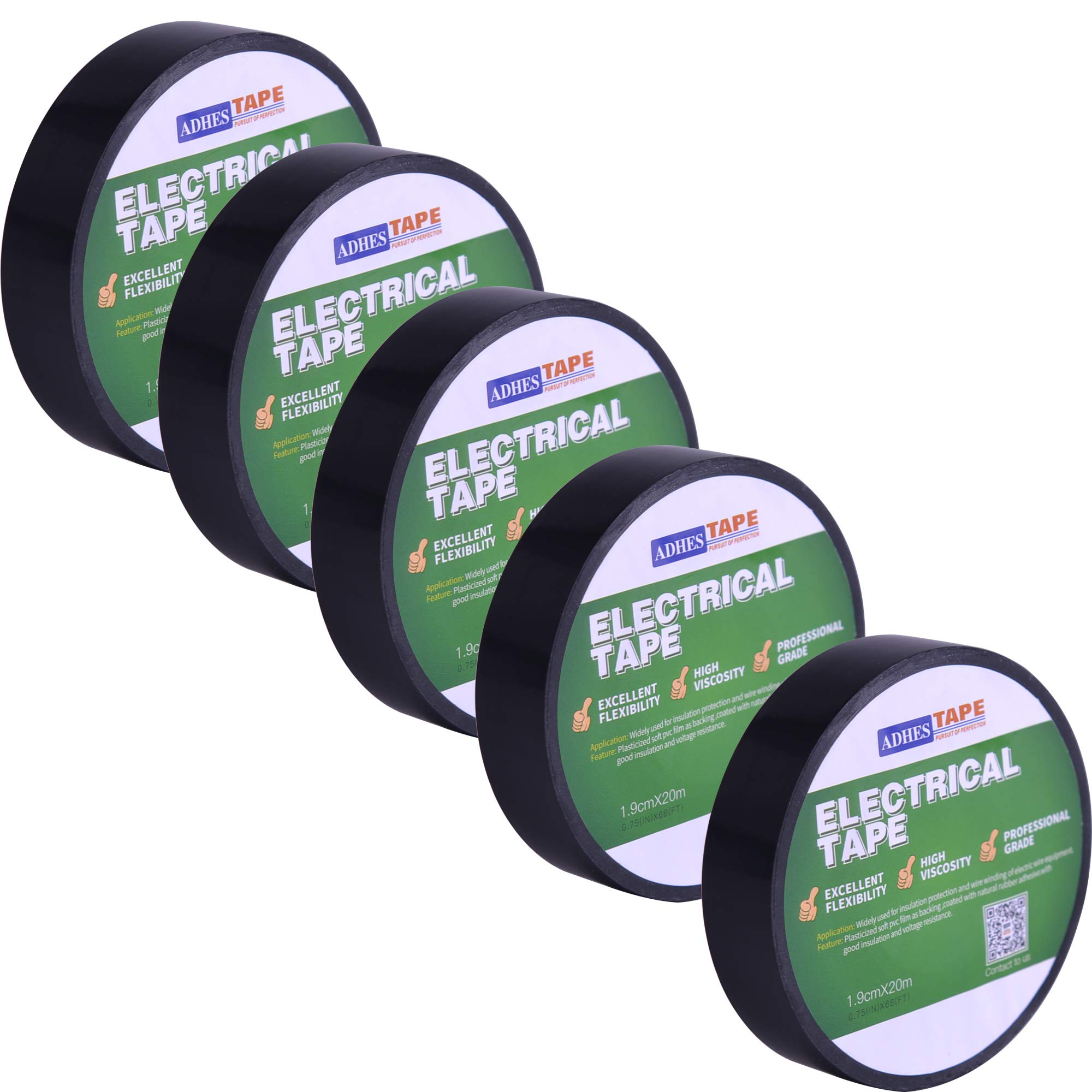 ADHES Black PVC Electrical Tape Strong Self-Adhesive PVC Electrical Insulation Tape Heavy Duty, Sticky19mmx20m Pack of 5Rolls