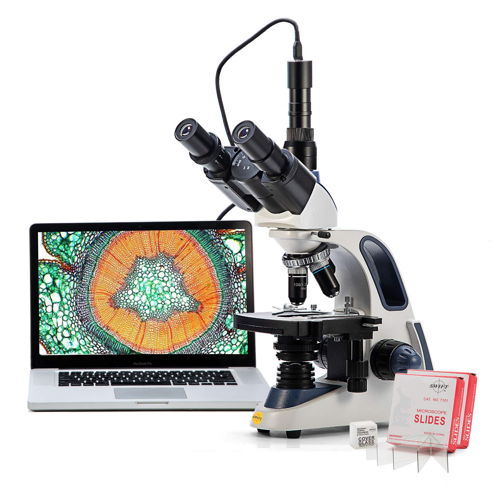 Swift SW380T-EP5R-BSC,Trinocular Compound Lab Microscope, with 5MP Camera and 100pcs Blank Slides,40X-2500X