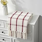 CREVENT 50"X60" Farmhouse Breathable Soft and Warm Chenille Plaid Throw Blanket for Sofa Couch Bed, Home Decoration Throw with Tassles (Red & White)