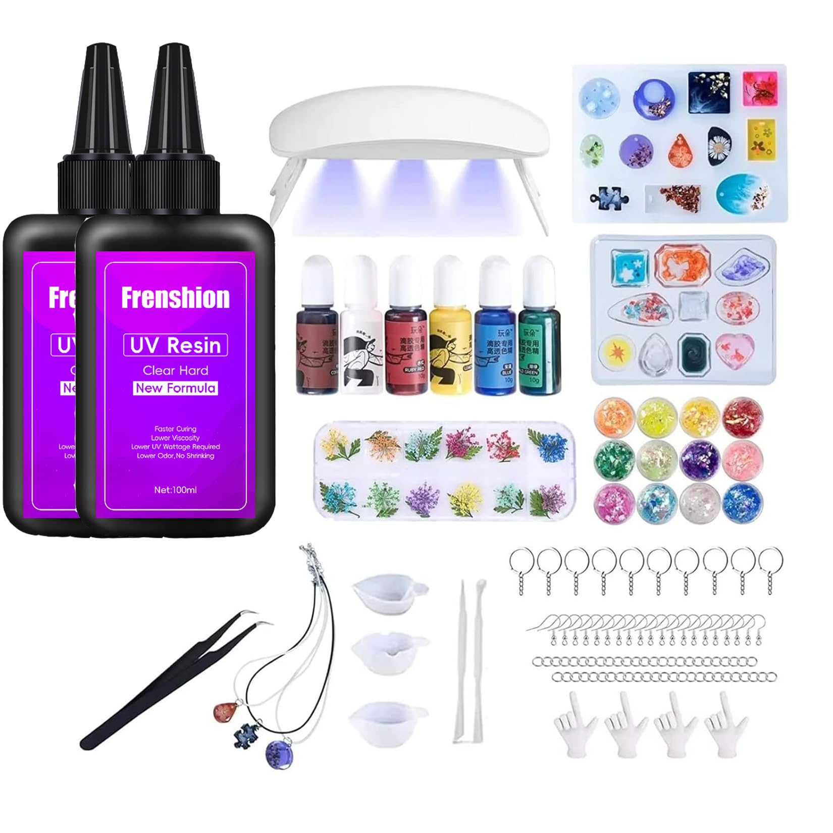 179Pcs Resin Kit with 200g Fast Cure Clear Hard Low Odor UV Resin, Color Pigment, Mold Accessories Starter Kit for Jewelry Making with Light
