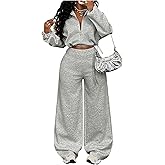 GORGLITTER Women's Sweatsuits 2 Piece Outfit Zip Up Cropped Sweatshirt and Wide Leg Sweatpants Comfort Lounge Sets
