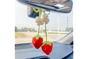 Crochet Strawberry Rear View Mirror Hanging Accessory, Flower Car Interior Ornament, Cute Hanging Decor for Women, Bag Charm