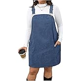 MakeMeChic Women's Plus Size Christmas Overall Dress Leopard Print Pinafore Adjustable Strap Short Dress Dusty Blue X-Large