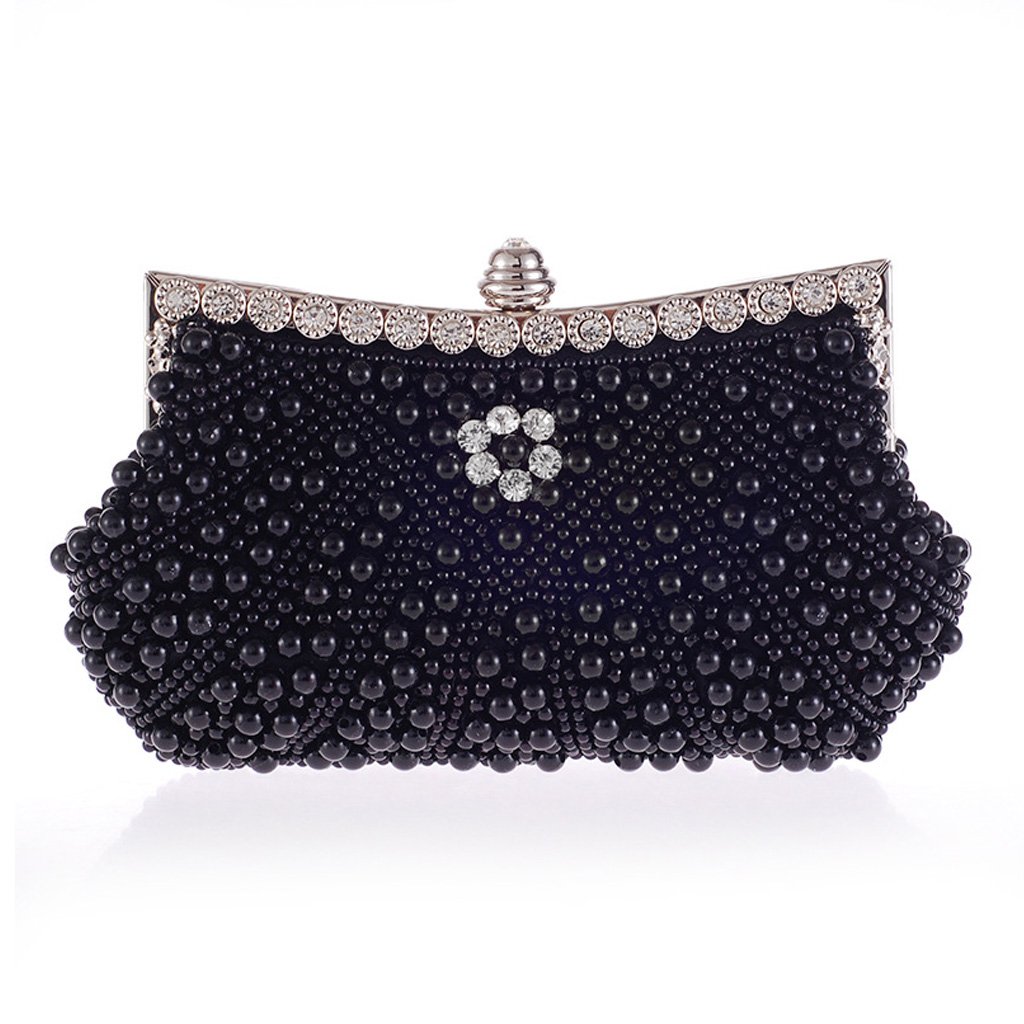 HONGCI Glitter Faux Pearl Beaded Rhinestone Women's Clutch Bag, Ladies Evening Bag Bridal Wedding Bag Handbag Prom Bag Purse (Black)