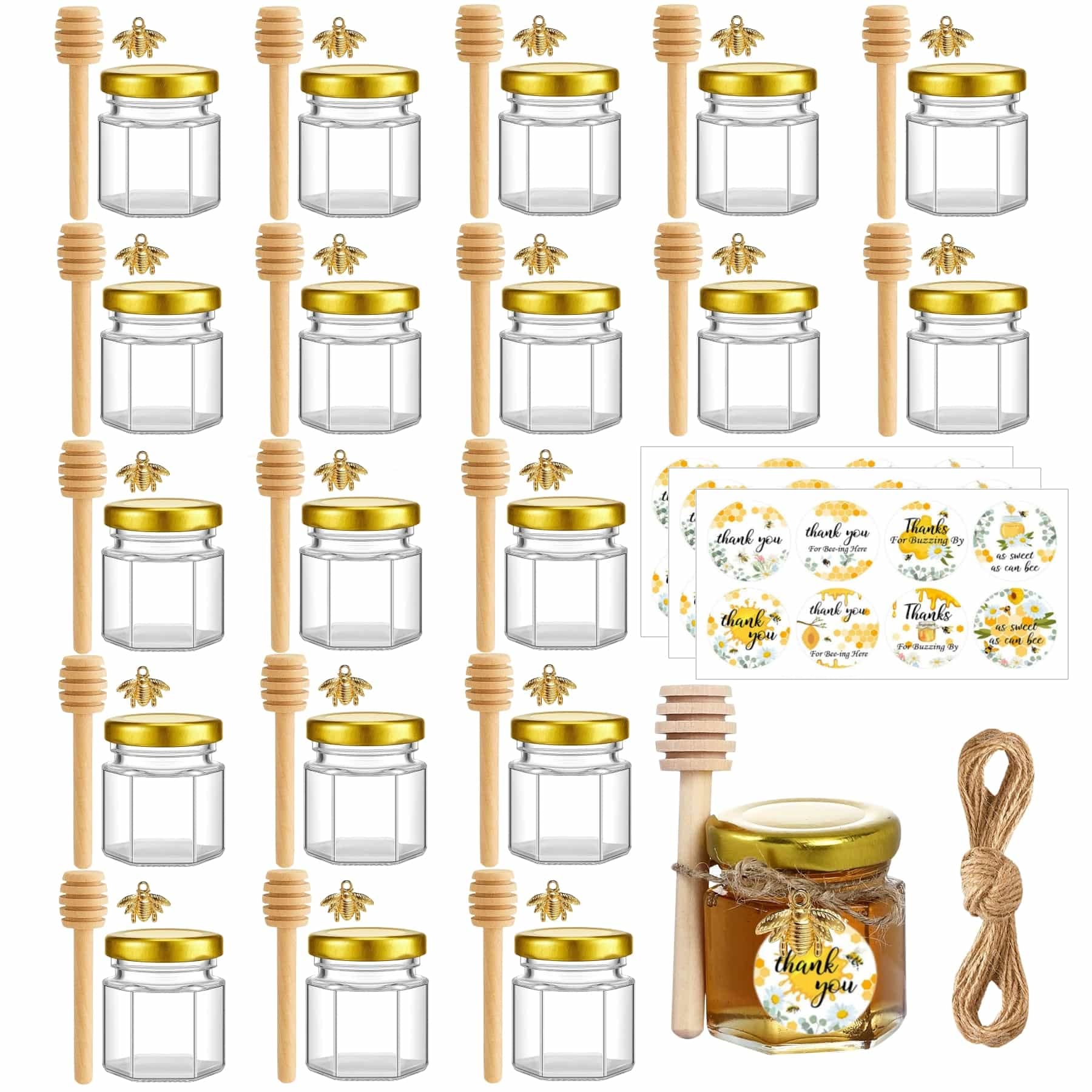 Eidoct 20 Pack Mini Glass Honey Jars, 1.5 oz Hexagon Honey Jars with Wooden Dipper, Gold Lids, Gold Bee Pendants, Jutes, Bee Stickers, for Baby Shower, Wedding, Party Favors(20)