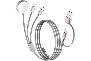GONXIFACAI Travel Essentials for Apple Watch Charger, 3 in 2 Dual USB C Multi Charging Cable for iPhone Charger, USB C Cord Compatible with iPhone 17-15 Series/iWatch Ultra/10-1/Galaxy S25-20, iPad-Grey, 4FT