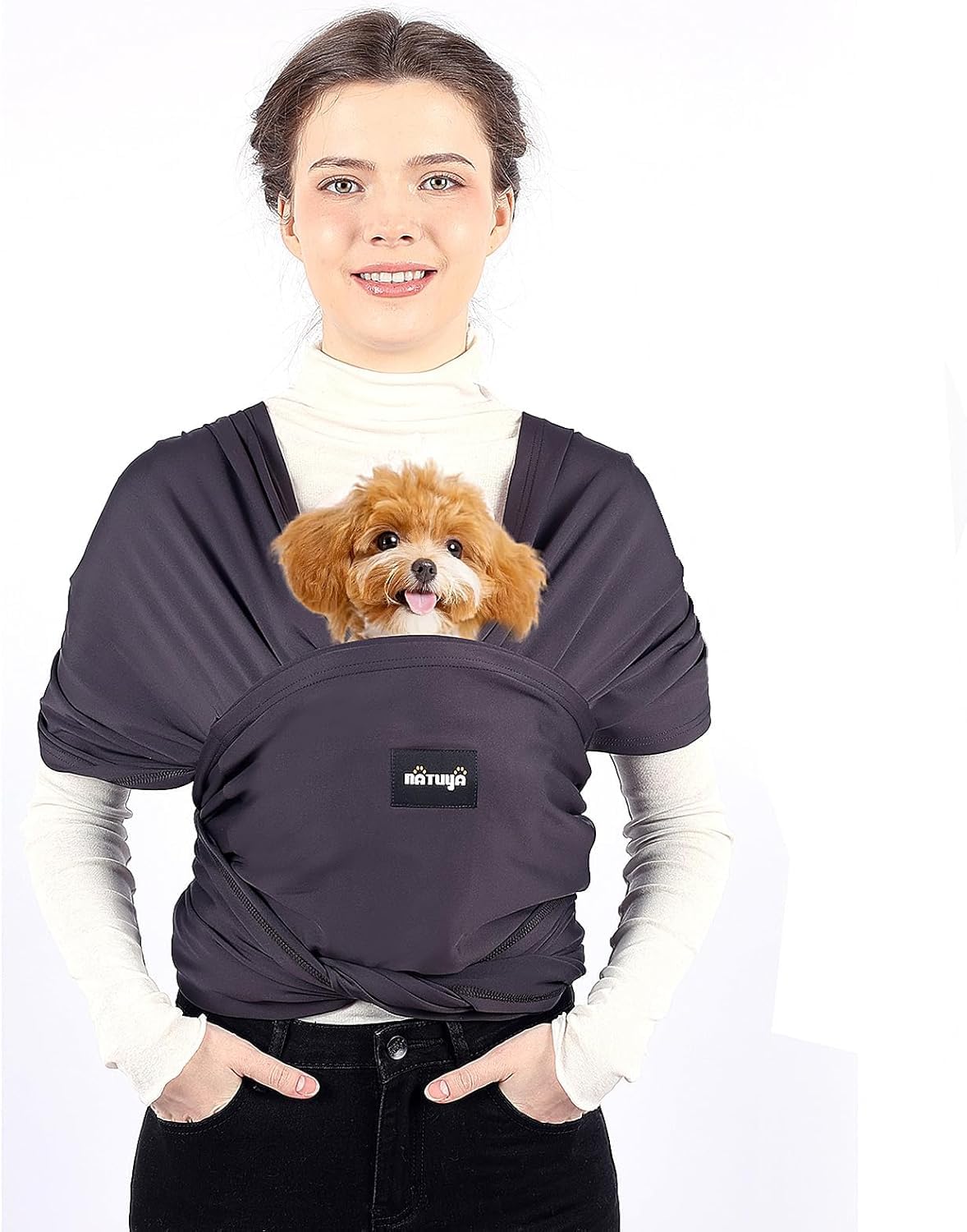 Photo 1 of NATUYA Dog Sling Carrier, Small Dog Front Carrier, Lightweight Hands Free Puppy Carrier, Anti-Anxiety Cat Sling, Size Adjustable Premium Dog Carrier Sling Warp (Drak Grey)