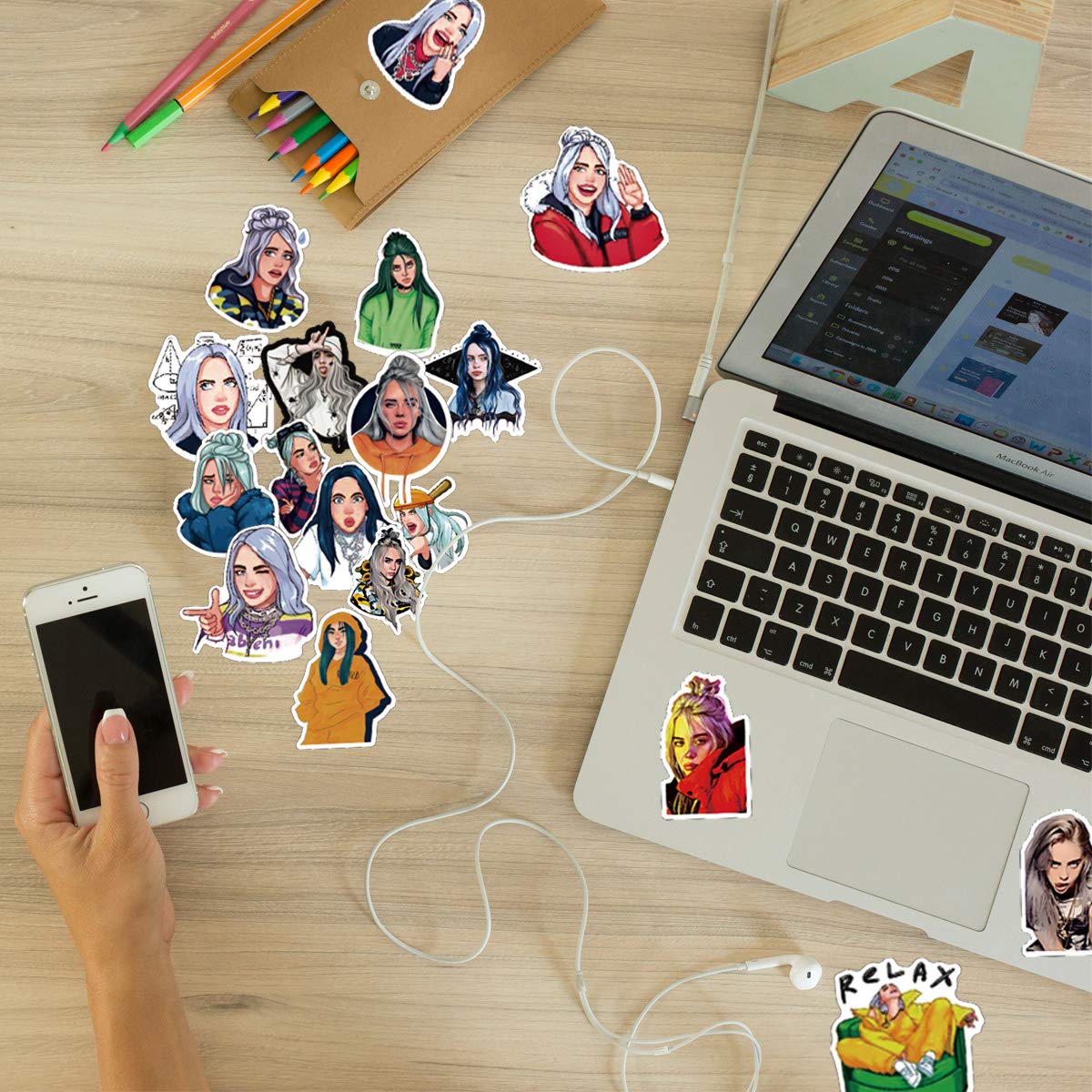 WOCOCO Singer Billie Eilish Stickers for Girls Kids Teen, Waterproof Vinyl Stickers for Laptop, Water Bottles, HydroFlask (50 Pack)