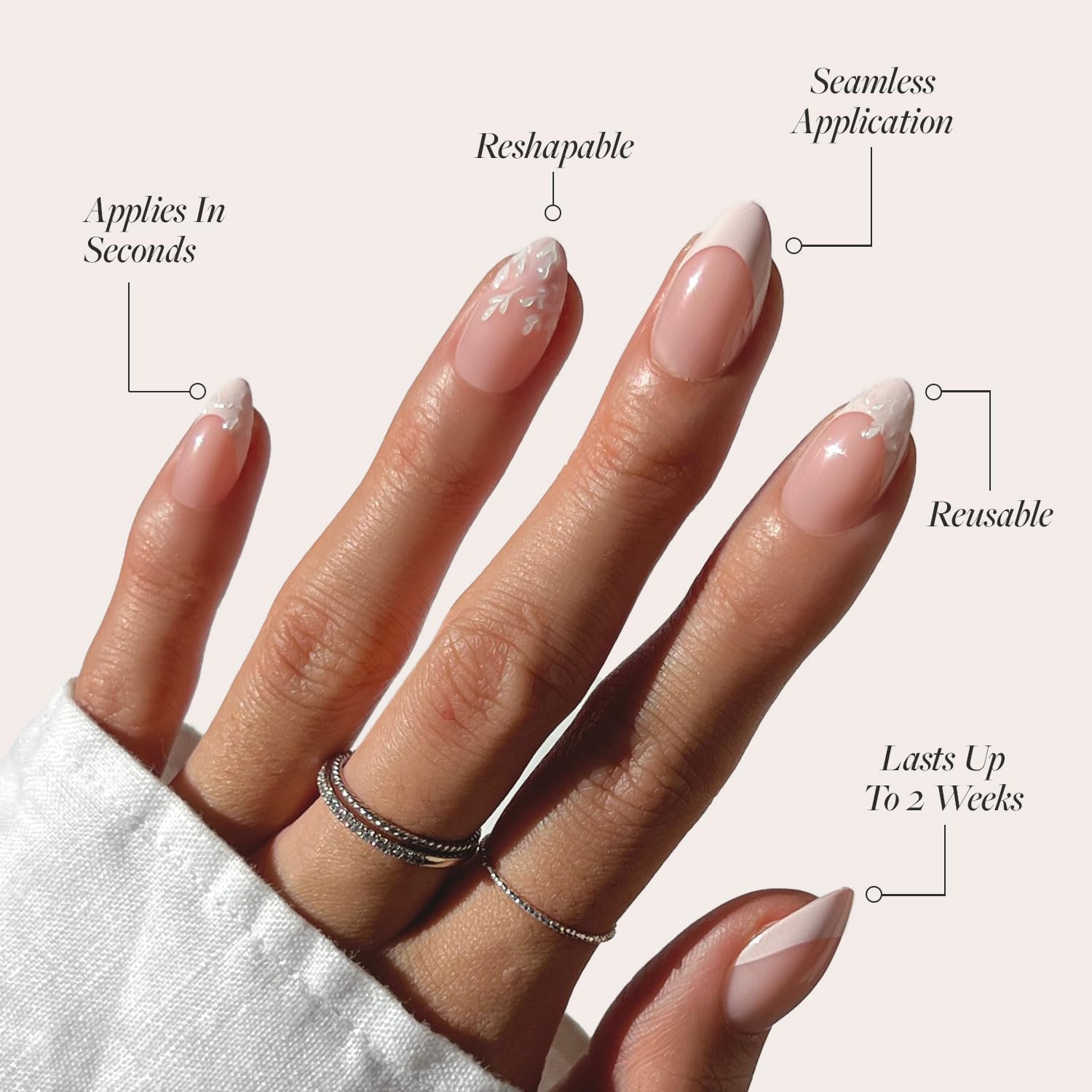 Glamnetic Press On Nails - All Time Love | Short Almond Nails with French Tips and Leaf Accents, Reusable Stick On Fake Nails | Love In Bloom Spring Nails | 15 Sizes - 30 Nail Kit with Glue - Image 3