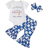 Xnqiwq Newborn Baby Girl Baseball Outfit Short Sleeve Romper Bell Bottom Flare Pants Set Headband 3Pcs Infant Summer Clothes