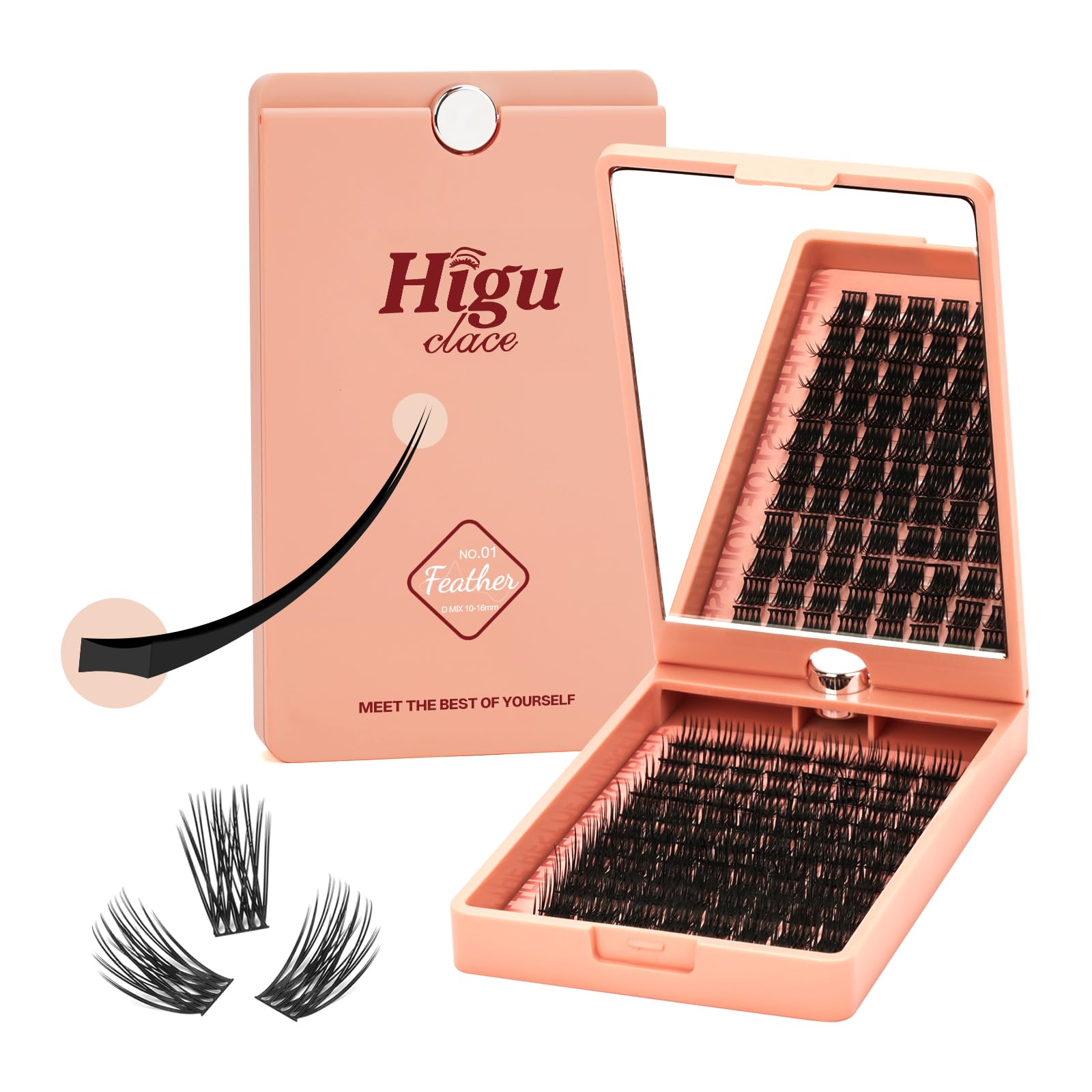 Higu clace Lash Clusters, Individual Eyelashes 88pcs Lightweight Volume Look 10-16mm natural Lash Extensions D Curl Reusable Flat Band Lashes DIY with Mini Mirror (Feather D mix 10-16mm) โ image 1