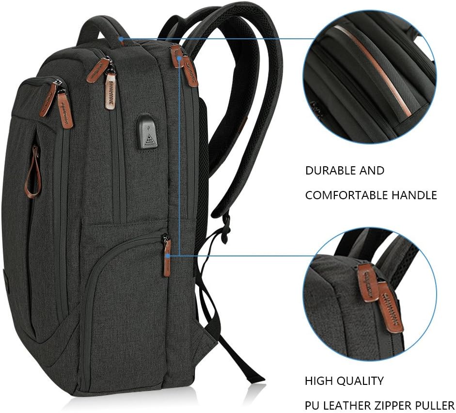 KROSER Laptop Backpack Large Computer Backpack Fits up to 17.3 Inch Laptop with USB Charging Port Water-Repellent School Travel Backpack Casual Daypack for Business/College/Women/Men-Charcoal Black: Computers & Accessories