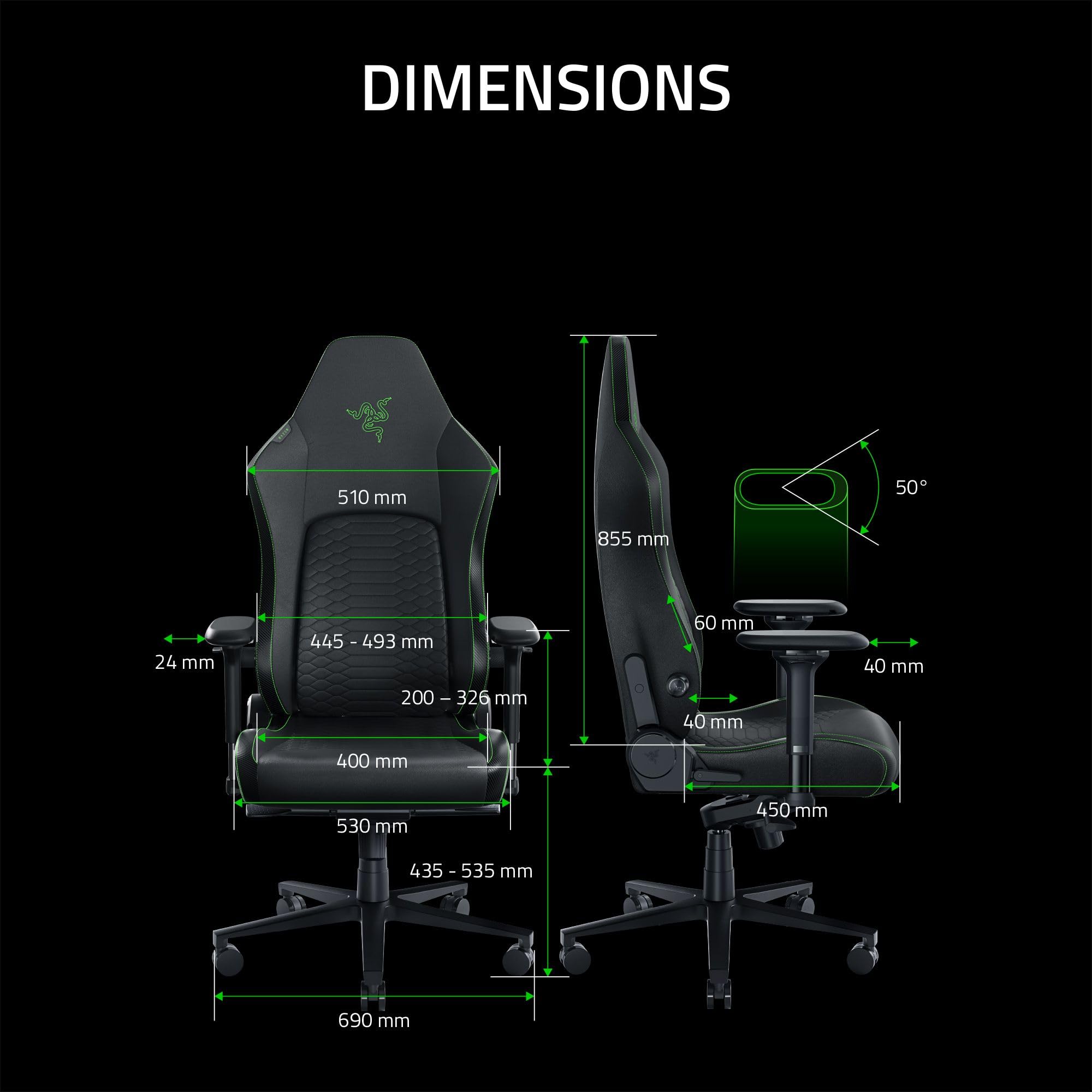Razer Iskur V2 Gaming Chair: Adaptive Lumbar Support - Adjustable Lumbar Curve - High Density Foam Cushions - Reactive Seat Tilt &152-degree Recline - 4D Armrests - Synthetic Leather - Black/Green