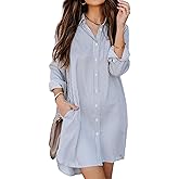 MINTLIMIT Women's Button Down Shirt Dresses, Long Sleeve Srtipe Blouse Shirts with Pocket Casual Shirt Dress 2024, Blue, Small