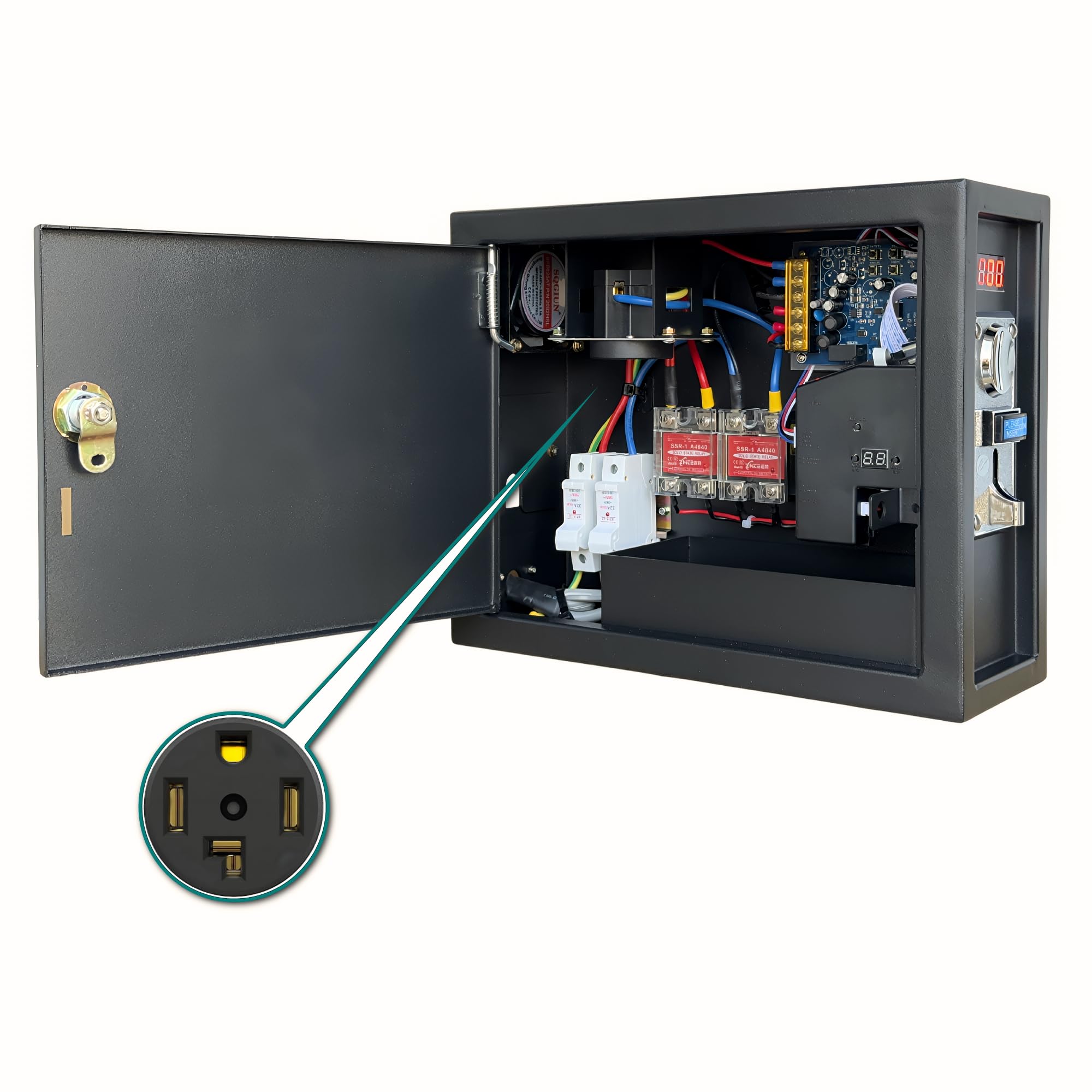 Photo 1 of Sintron ST-003 Coin Operated Timer Control Box with NEMA 14-30R Receptacle 4 Prong 220V for US & CA Dryer Power Plug 3 Pole 3 Wire, Use for Vending Machine, Gaming & Washing Machines, Massage Chairs