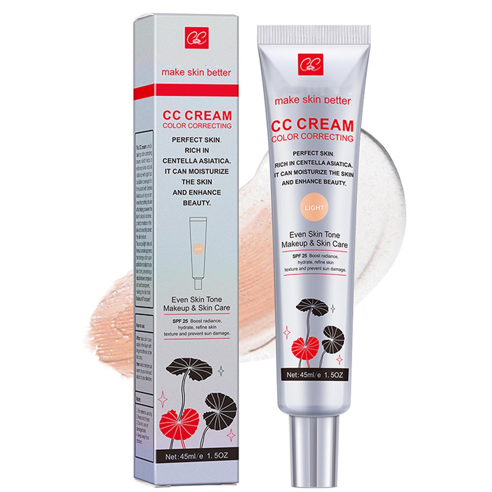 CC Cream with Centella Asiatica - Lightweight Color Correcting Skin Perfector, Full Coverage Tinted Moisturiser, Invisible Pores Face Concealer Makeup with SPF 25