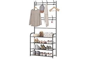 UDEAR Entryway Coat Rack,Hall Tree Storage Shelf,Easy Assembly,with 4-Tier Shelf for Storage Shoes,Clothes,Black