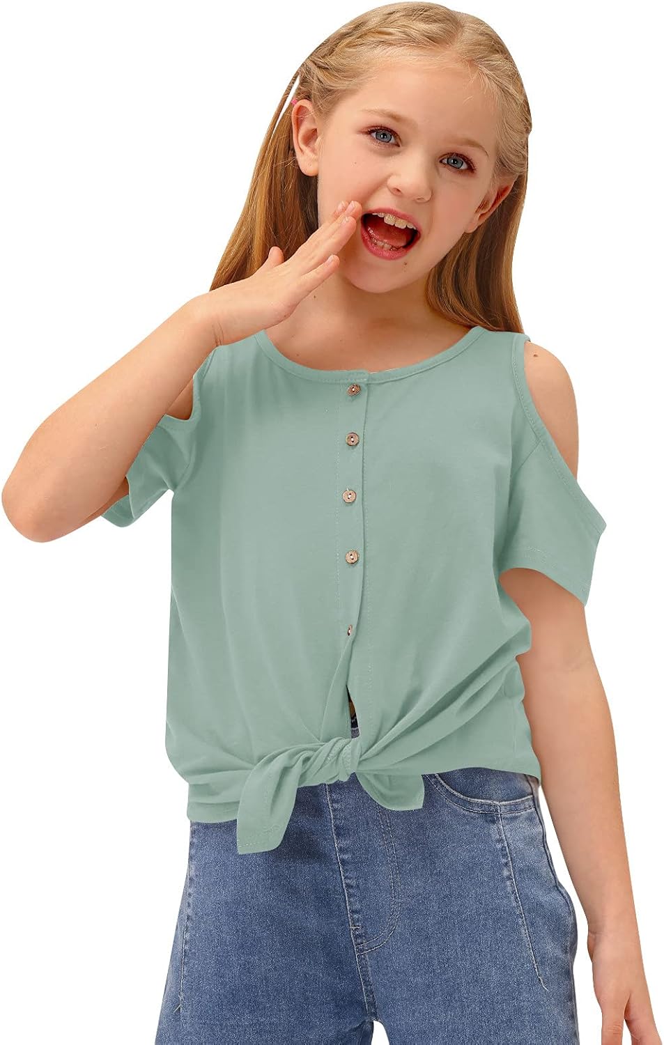 BesserBay Girl's Tie Front Cold Shoulder Short Sleeve Tunic Shirt 3-12 Years: Clothing