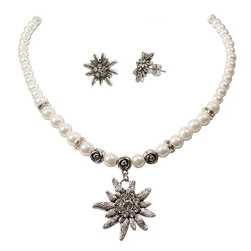 Heimatflüstern Trachtenschmuck * Trachtenset Perlenkette & Edelweiß-Ohrstecker * Damen Dirndlkette & Trachten-Ohrringe * Trac