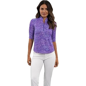 IBKUL UPF 50+ Sun Protection, Icefil Cooling, Moisture - Gladis Ruched Elbow Sleeve Mandarin Collar Top