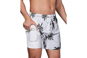 Gleeease Swim Trunks Mens 5 Inch Inseam Compression Liner Men Bathing Suit Lined Board Shorts Stretch Men's Swimming Suits