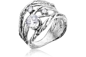 JEAN RACHEL JEWELRY 925 Sterling Silver Ring with White Round Clear Cubic Zirconia CZ Prong - Hypoallergenic, Nickel and Lead-free - Artisan Handcrafted Designer Collection, Made in Israel