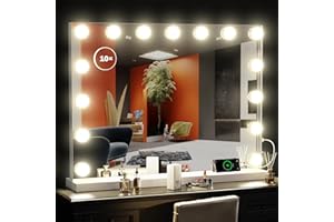 DEXHOM Vanity Mirror with Makeup Lights, 22.8"x18.2" Lighted Tabletop Mirror with USB & Type-C Charing, Large Hollywood Light up Mirrors w/ 15 LED Bulbs for Bedroom Tabletop & Wall Mounted (White)