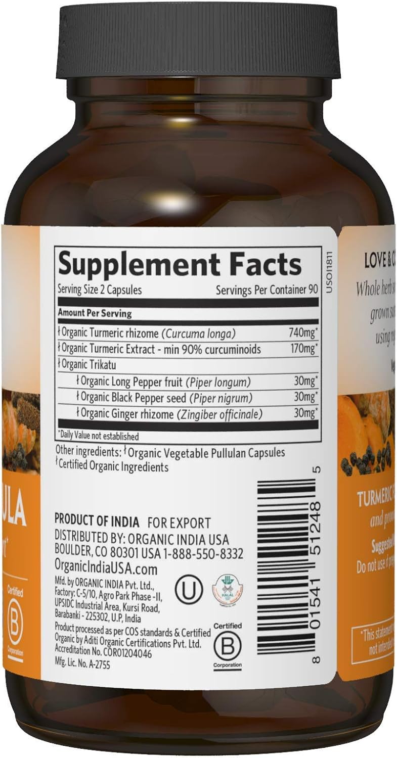 Organic India Turmeric Herbal Supplement - Joint Mobility & Support, Immune System Support, Healthy Inflammatory Response, Whole Root Supplement, USDA Certified Organic, Non-GMO - 90 Capsules: Health & Personal Care