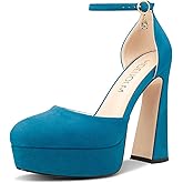 HDEUOLM Womens Chunky Block High Platform Heel Round Toe Closed Toe Pumps Two-Piece Ankle Strap Buckle Party Cute 5.3 Inches Heels