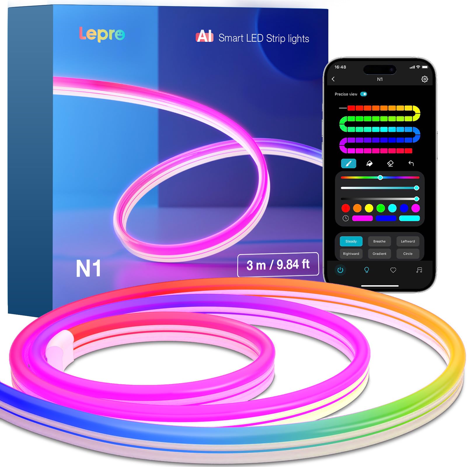 Photo 1 of Lepro N1 AI Smart RGB Rope Lights for Christmas Decorations, LLM AI Generated Lighting, LightBeats Music Sync, Color Segment DIY, Voice Control Via App, 9.84ft Wi-Fi & Bluetooth LED Strip Lights