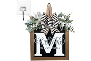 JUMGUN Last Name Year Round Front Door Wreath 11.81in Wooden 26 Letter Welcome Sign Spring Door Wreath with Eucalyptus Garland and Bow Front Porch Decor Wreaths for Front Door Summer Wreath Hanger Garland