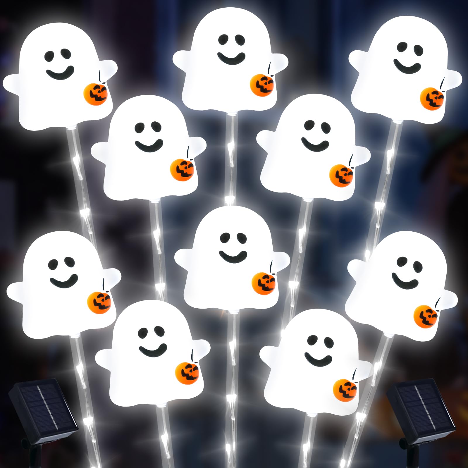Photo 1 of Solar Halloween Ghost Pathway Lights, 10 Pack - Outdoor Ghost Stake Lights with Pumpkin Design, Solar Powered Auto-On, Waterproof Halloween Décor for Garden, Walkway, Yard, Party (Transparent)