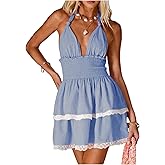Floerns Women's Cute Tiered Layered Mini Dress Halter Neck Open Back Smocked Dresses