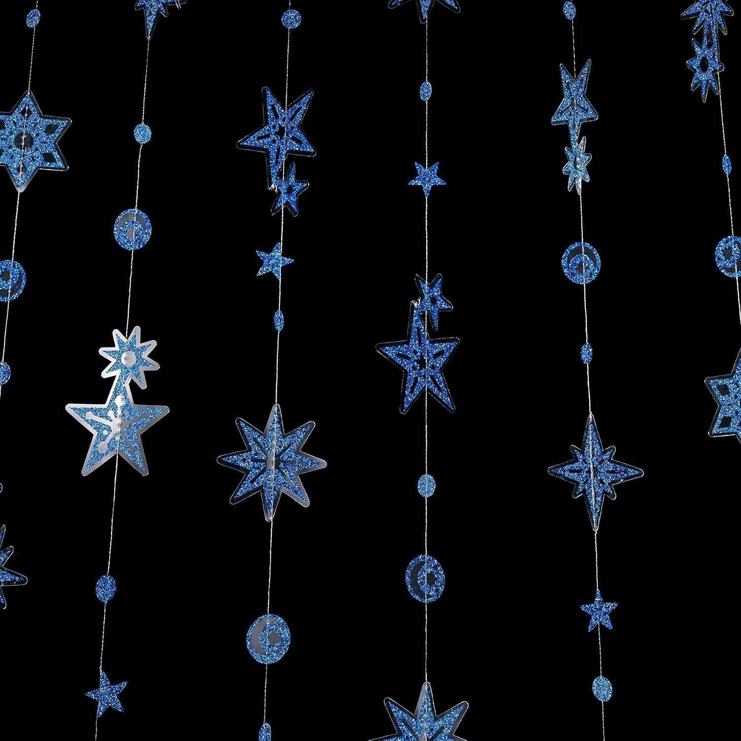Photo 1 of Cheerland Blue Star and Moon Glitter Garland Birthday Party Decorations Baby Shower Outdoor Streamers Photo Backdrop 1st Bday Party Decoration Office Classroom Ceiling Hanging Winter Decor Supplies