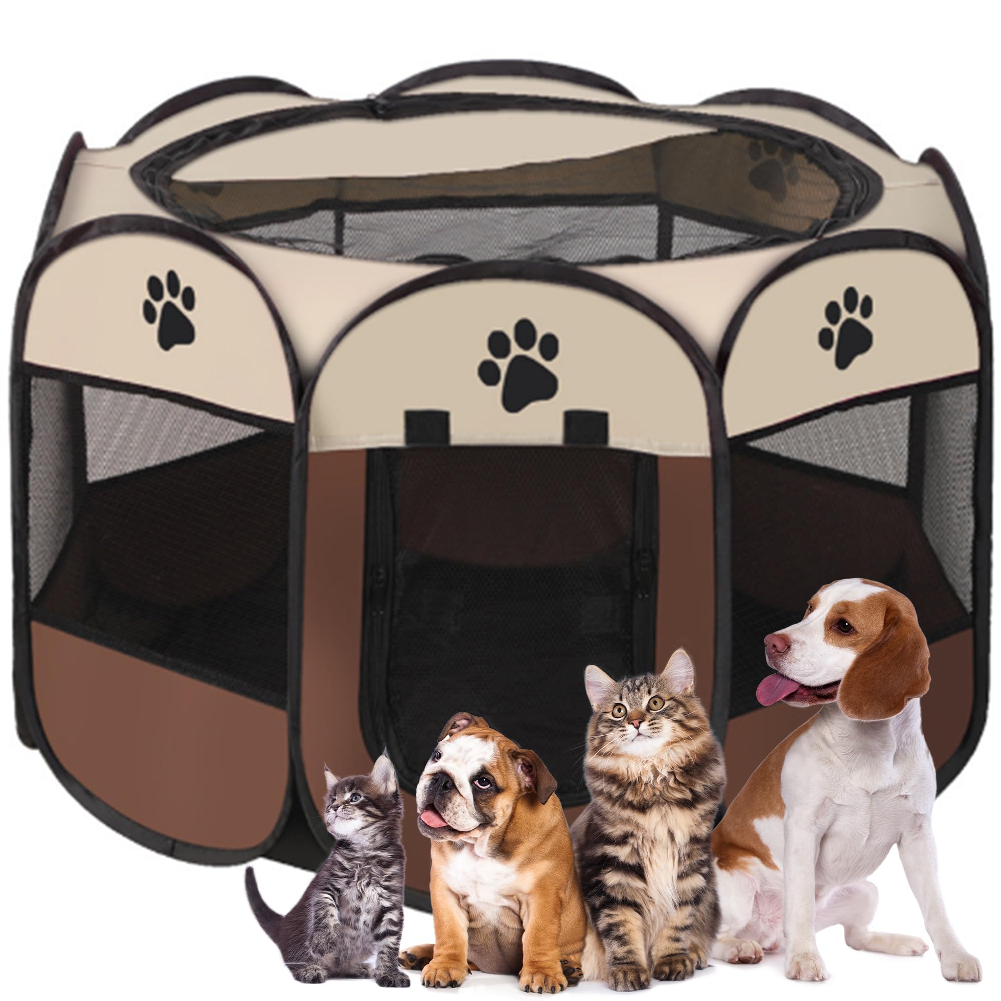 Foldable Pet Playpen - Portable, Soft Pop-Up Design for Dogs, Cats and Kittens - Breathable Mesh Fabric Cage - Lightweight and Indoor/Outdoor Use