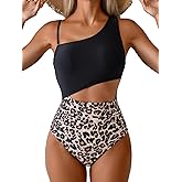 Aidonger Women's Sexy One Piece Swimsuit One Shoulder Bathing Suit with Removable Strap Cutout Tummy Control Ruched Swimwear