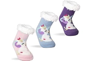 FENELY 3 Pairs Winter Kids Fuzzy Slipper Socks 2-4/4-6/6-8 Girls Boys Thermal Warm Non-Skid，Gifts for Christmas Stocking