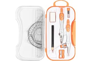 Vobou 10 Pieces Math Geometry Kit Set Student Supplies with Shatterproof Storage Box,Includes Rulers,Protractor,Compass,Eraser,Pencil Sharpener,Lead Refills,Pencil,for School and Drawings（Orange）