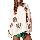 Argeousgor Women Sequin Christmas Sweatshirts Funny Graphic Printed Crewneck Side Slit Sparkly Glitter Pullover Tops