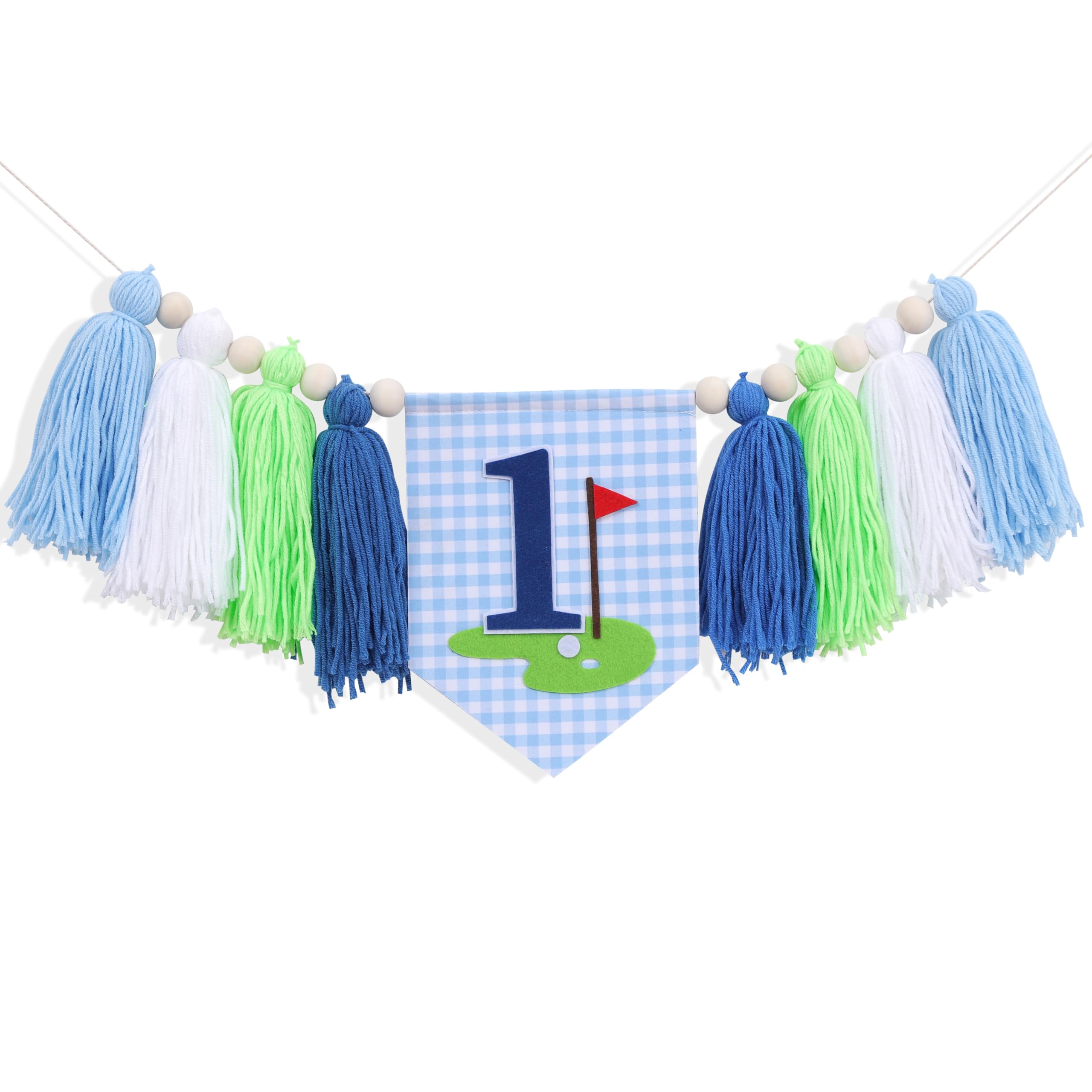 Photo 1 of Golf 1st Birthday High Chair Banner - Hole in One Cake Smash Decorations, Golf Yarn Tassel Highchair Banner, Blue and Green Birthday Decor for Boys